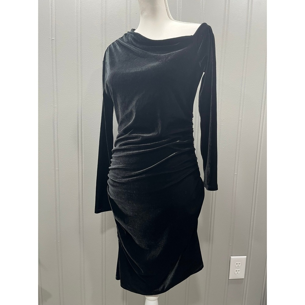Black Velvet Asymmetrical Neckline Long‎ Sleeve Ruched Bodycon Midi Dress